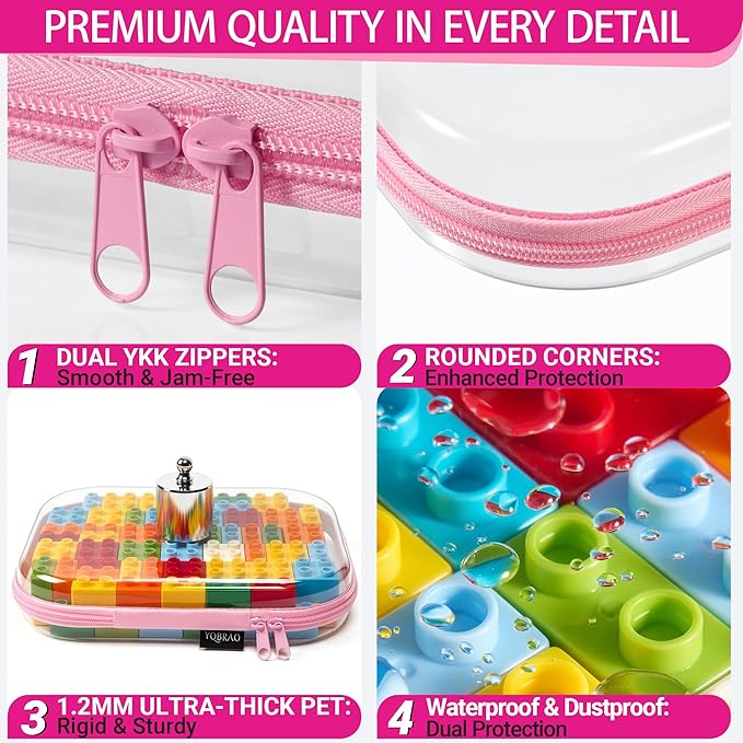 YQBRAO 3 Pack Hard Sided Clear Zipper Case for Storage- Thickened-Grade Clear Hard Shell Zipper Case for Organizing Bead, Handicrafts, Sewing, Toiletries, Makeup (Pink)