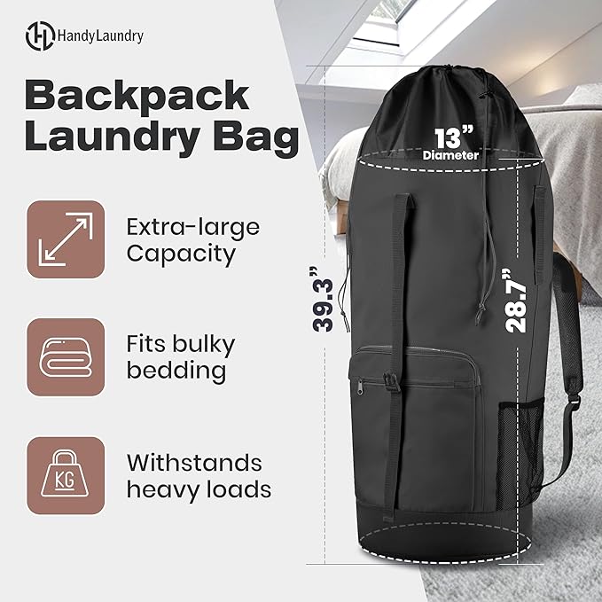 Laundry Backpack - XL Heavy Duty Laundry Bag Holds 3-4 Loads - Adjustable Straps, Drawstring Closure, Pockets & Handles - Durable Hamper for College, Travel & Laundromat - Black