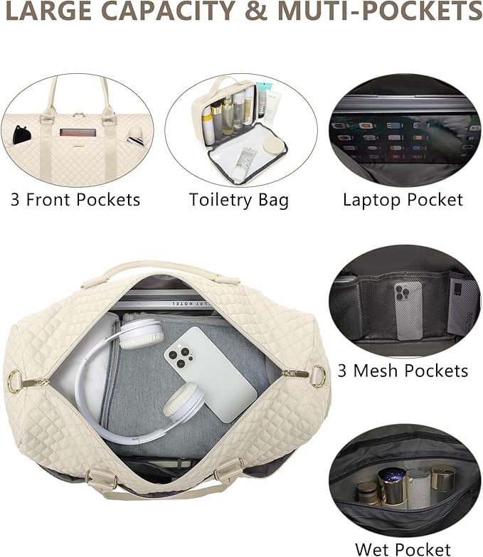 Women Weekender Travel Duffle Bag: Travel Duffel Overnight Bags with Shoe Compartment Large Carry on Tote with Toiletry Bag Weekend Traveling Yoga Gym Hospital Bag for Women with Wet Pocket Beige