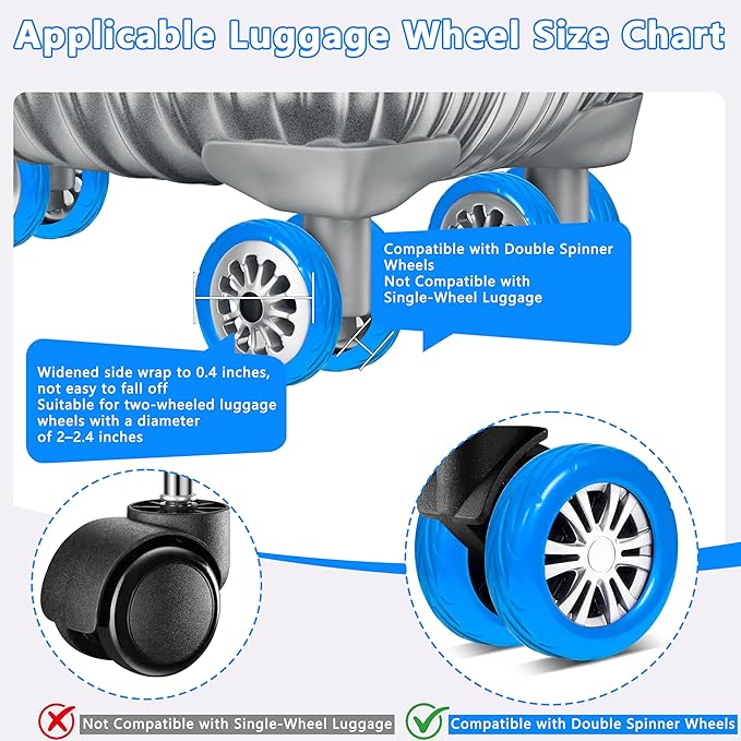 8 Pcs Upgraded Luggage Wheel Covers, Suitcase Protector, Wear-Resistant Anti-Noise Silicone Wheel Covers for 2-2.4” Spinner Wheels, Travel Accessories for Carry On Luggage (Blue, Small)