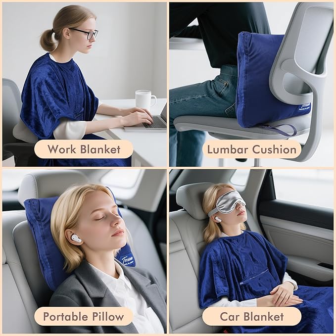 Tirrinia Travel Blanket Airplane Office Poncho 4 in 1 Premium Cozy Fleece Portable Poncho Blankets with Built-in Bag, Pocket