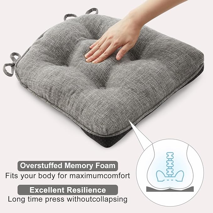 Quilmfoam 16.5"x15.5" Kitchen Chair Cushions Set of 4 for Dining Chair, Soft Tufted Non-Slip Memory Foam Seat Cushion with Ties for Indoor Kitchen Dining Furniture, Dark Grey