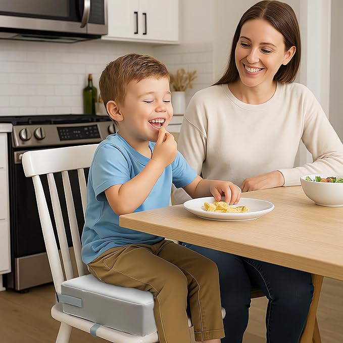 Toddler Booster Seat Dining Table Kitchen Chair, Waterproof Anti-Scratch PU Cushion, Non-Slip Bottom, Adjustable Buckle Straps, Easy Clean Portable Seat Cushion (Light Gray)