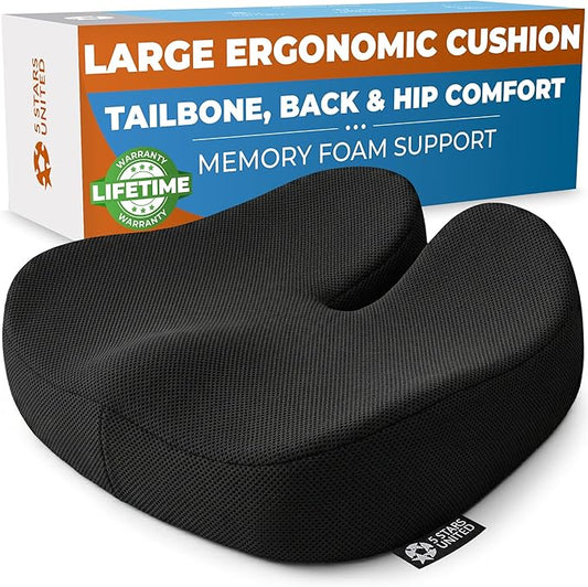 5 STARS UNITED Seat Cushion - Memory Foam Chair Cushion for Tailbone Pain Relief - Ergonomic Support for Coccyx, Sciatica & Butt - Office, Desk & Gaming Chair, Car Seat, Wheelchair, Black