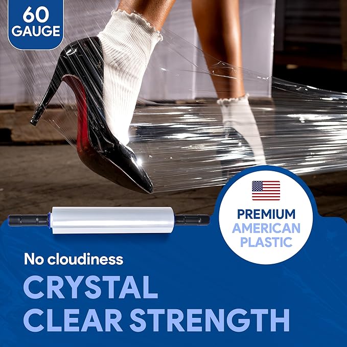 International Plastics Co. 12 Pack 15" Plastic Stretch Film Wrap with Extended Tension Handles 1200ft Each 500% Stretch Clear Cling Durable Adhering Packing Moving Heavy Duty Pallet Shrink