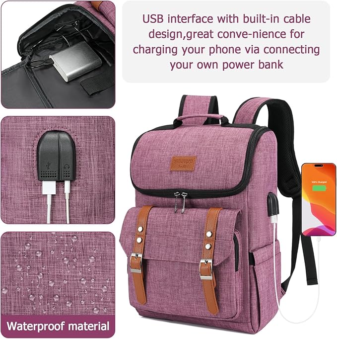 YALUNDISI Vintage Backpack Travel Laptop Backpack with usb Charging Port for Women & Men College Backpack Fits 15.6 Inch Laptop Purple Brown