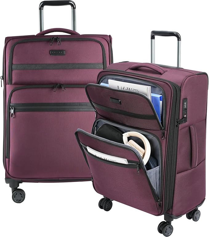 KROSER Softside Expandable checked Luggage with Front Business Pockets，24 Inch Suitcases with Spinner Wheels & Built-in TSA Lock, Durable Suitcase Rolling Luggage, Burgundy