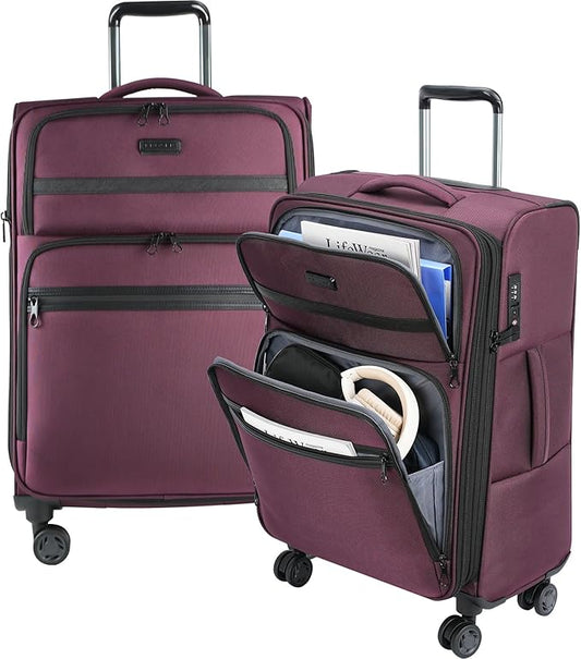 KROSER Softside Expandable checked Luggage with Front Business Pockets，24 Inch Suitcases with Spinner Wheels & Built-in TSA Lock, Durable Suitcase Rolling Luggage, Burgundy