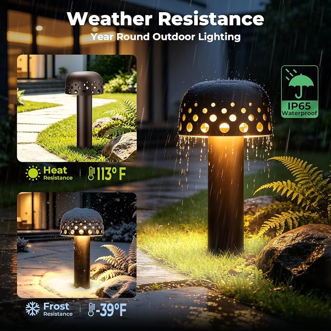 Low Voltage Landscape Pathway Lights, 12V Outdoor Mushroom Decorative Lights, Unique Aluminum Path Lighting with 4W 2700K Replaceable Bulb for Walkway Garden Yard, 2 Pack