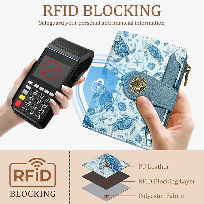 Icycay Sea Turtle Small Wallet Women RFID Blocking Bifold, Credit Card Holder, Zipper Coin Pocket, PU Leather, Cute, Compact, Travel, 4 ID Window, 14 Card Slots, Cash Purse, Ladies Woman Female Girls
