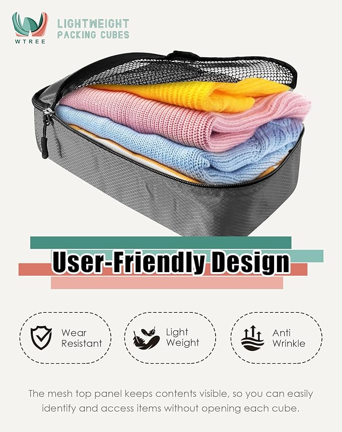 4-Piece Packing Cubes Travel Accessories Set for Suitcases - Luggage Organizer Bags with Double Zipper - Mesh Top - Small/Medium/Large/Slim - Dark Grey