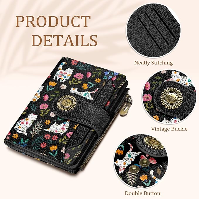 Icycay Flowers Cat Wallet Women Small RFID Blocking Bifold, Cute Credit Card Holder, Zipper Coin Pocket, PU Leather, Compact, Travel, 4 ID Window, 14 Card Slots, Cash Purse, Ladies Woman Female Girls