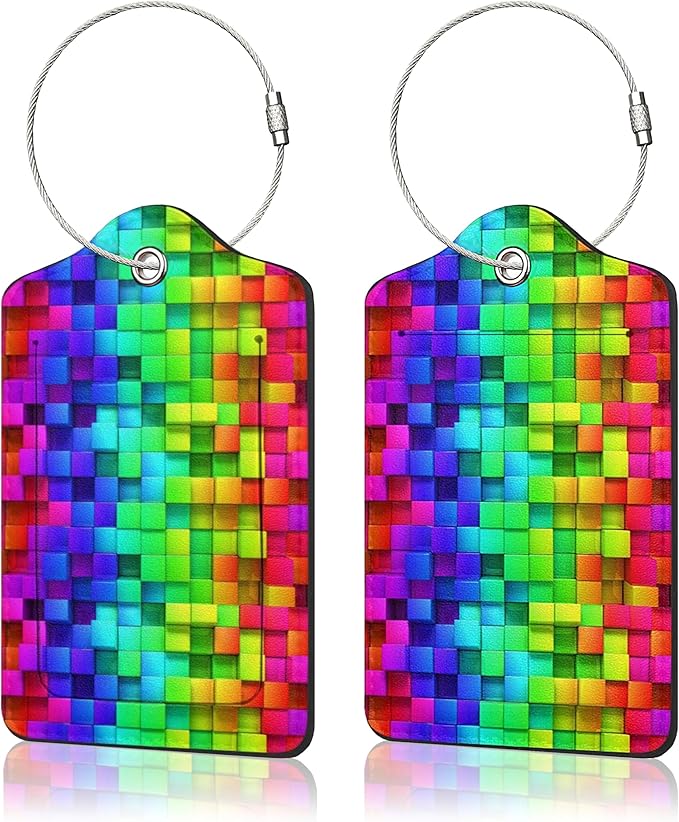 2 Pack Luggage Tags for Travel PU Leather Luggage Tag Name ID Labels with Privacy Cover for Suitcases Women Men Kids Girls (Color Grid)