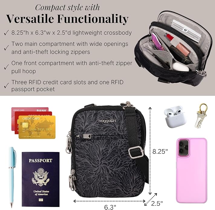 Baggallini Securtex® Anti-theft Mini Everything Crossbody Bag, 6.3"x8.25" Rfid, Locking Zippers & Cut-resistant Strap