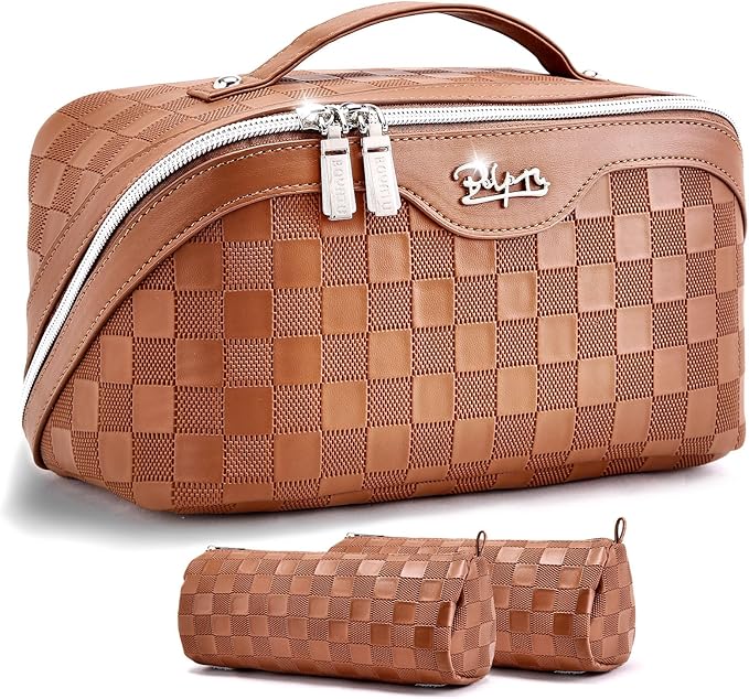 BOYATU Travel Makeup Bag Organizer: 3 Pcs Set Large Capacity Cosmetic Bags Holds 10–20 100ml Full-Size Bottles - 180°Open-Flat Make up Case 3-sec touch-up - Toiletry Bag Gift women (03-A-Brown)