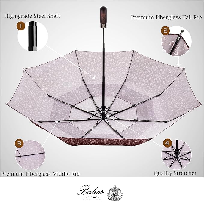 Balios Travel Folding Umbrella with Real Wood Handle Auto Open Close Vented Windproof Canopy - Designed in UK