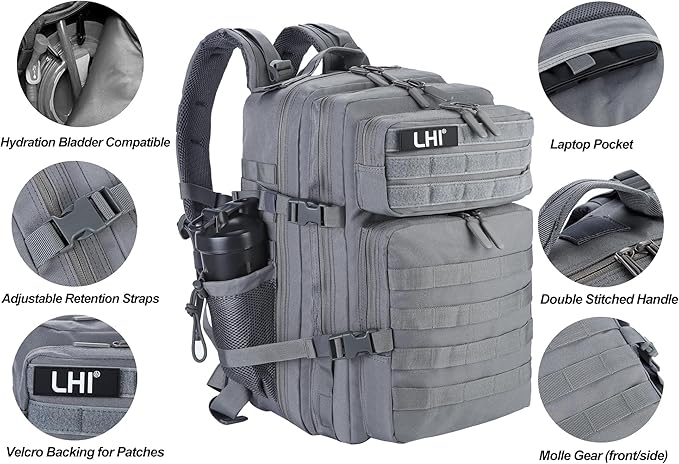 LHI Military Tactical Backpack for Men and Women 45L Army 3 Days Assault Pack Bag Large Rucksack with Molle System - Grey