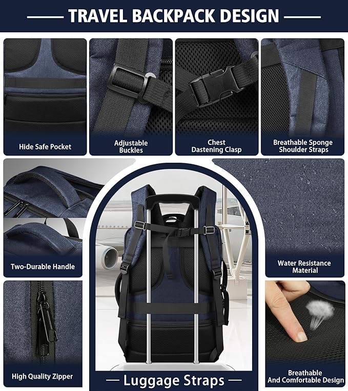 Travelability Carry On Backpack,Expandable 1-7 DAYS Roomy Travel Backpack with USB Cable Port,Anti Theft Water Resistant Fits 18.4"Laptop Large Business Backpack for Men Women,Flights Approve,Blue