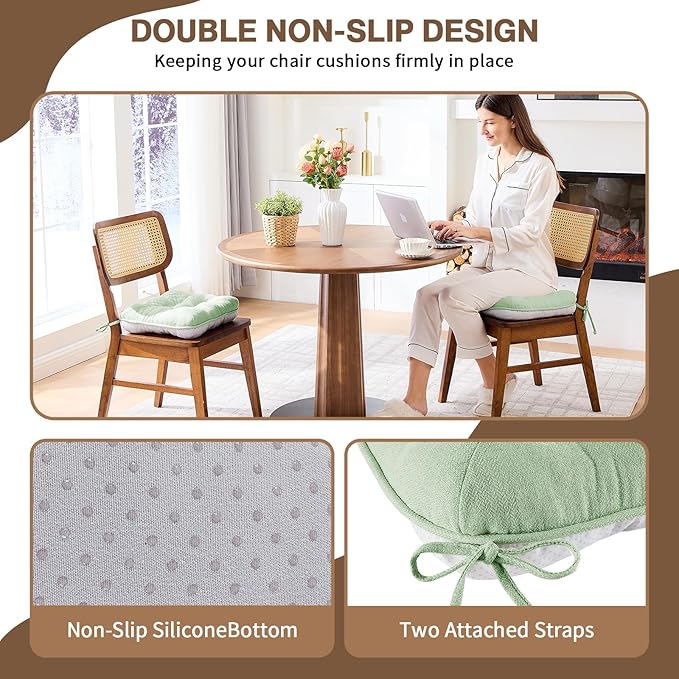 BETU Chair Cushions for Dining Chairs Set of 2,3.5" Thick Kitchen Table Chair Pads with Ties,Non Slip Backing and Covers, Home Decor Seat Cushion for Dining Room,Bar,Patio Chairs16"X16"X3.5"Sage Green