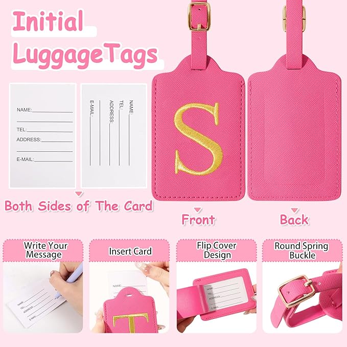 Personalized Initial Luggage Tags for Suitcases, Cute PU Leather Embroidered Letter Travel Luggage Tags, Suitcase Identifier Name Baggage Tag, Bag Tags for Men Women Kids Luggage Handbags(Rosered S)