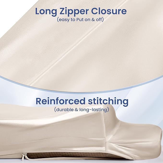 Satin Pillowcase for Cervical Pillows, (Cover Only) Fit for 24.8"x14.96"x5.51"/3.54" Orthopedic Neck Support Pillow, Silky Smooth Pillowcase Cover with Zipper Closure (Champagne)