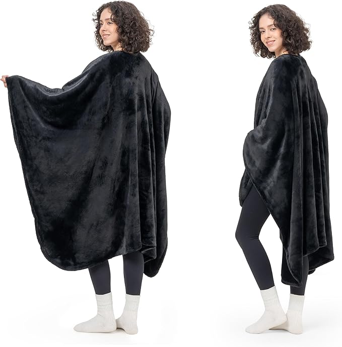 Berkshire Blanket Primalush™ Wearable Blanket, Cozy Loungewear Pocketed Plush Cape Wrap for Adults & Teens(Black, One Size 58"X64")