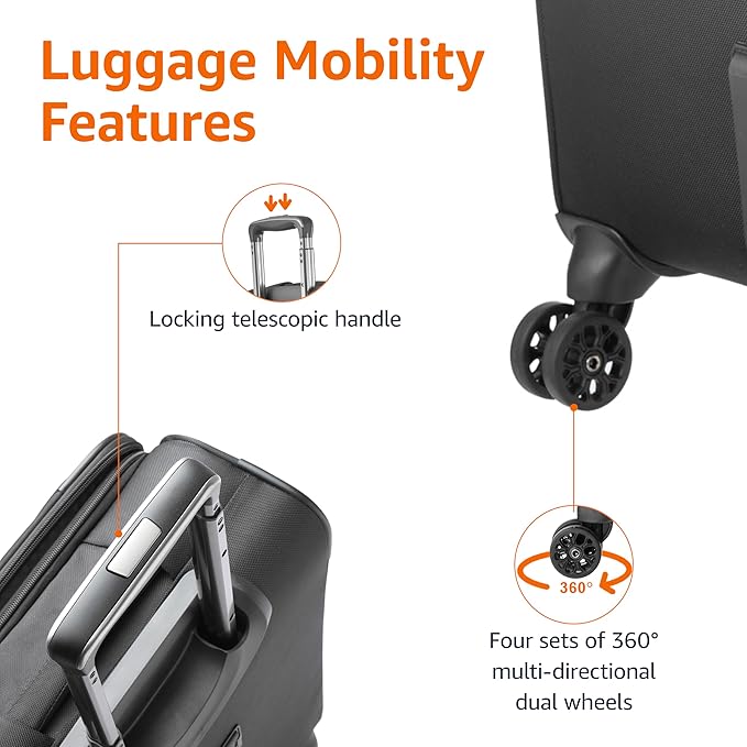 Amazon Basics 17" Carry-On Softside Luggage Suitcase with TSA Lock, 8 Spinner Wheels, Front Exterior Pocket, 3 Interior Pockets, Sturdy Telescoping Handle, Black