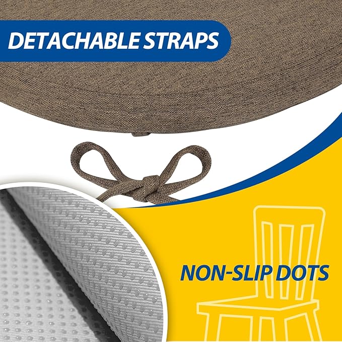 AAAAAcessories D-Shaped Chair Cushions, 2" Thick Dining Chair Pads with Ties and Removable, Machine-Washable Cover, 17" x 16", Set of 4, Taupe