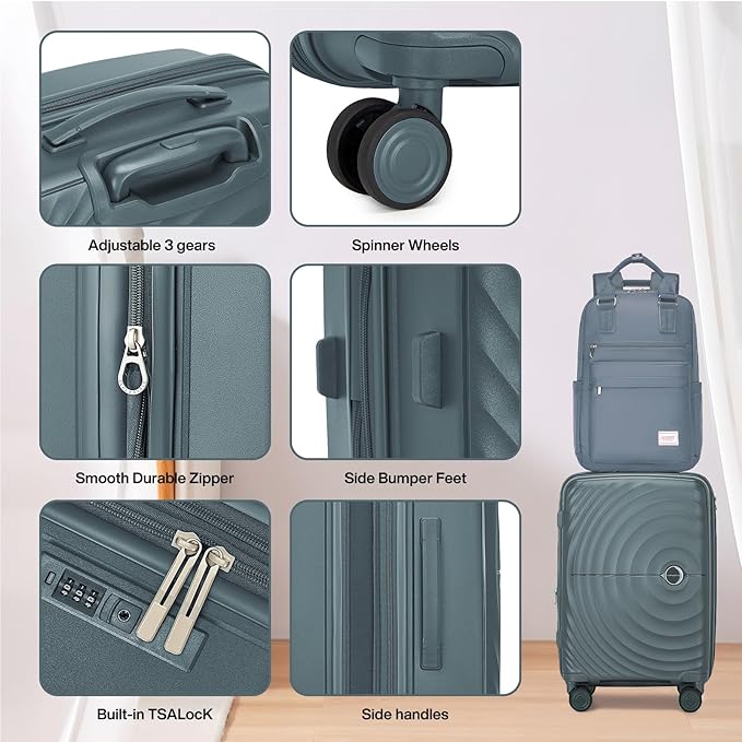 LARVENDER Carry On Luggage 22x14x9 Airline Approved, Expandable PP 20 inch Carry On Suitcases with Wheels, Lightweight Luggage Sets 3 Pieces for Women(GREY GREEN/20/BP/TB)