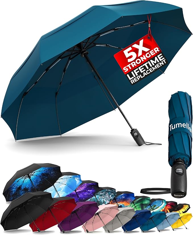 TUMELLA Strongest Windproof Travel Umbrella (Compact, Superior & Beautiful), Small, Wind-Tested, Light & Portable, Automatic Folding Rain Umbrella, Durable Premium Grip, Fits Car and Backpack