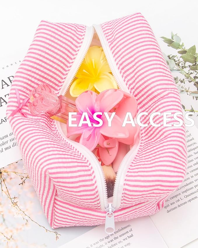 PAZIMIIK 2PCS Cozy Makeup Bag Small Aesthetic Travel Zipper Cosmetic Pouch for Women Make Up Beauty Accessories Brushes, Stripe Hotpink