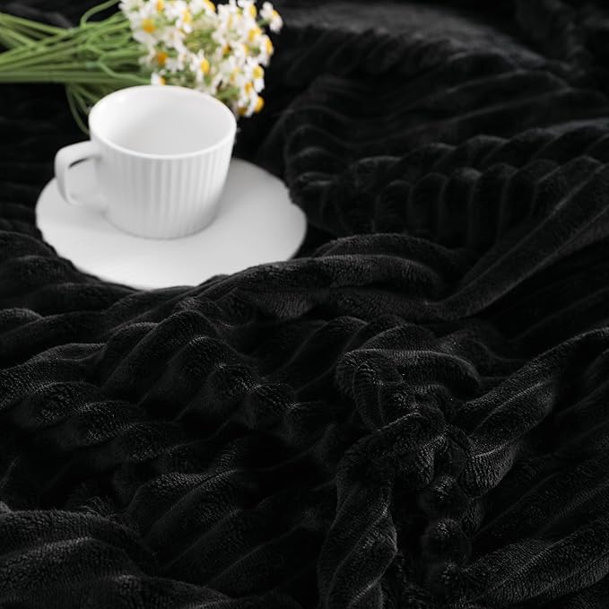 NTBAY Plush Flannel Twin Bed Blanket, 60X80 Inches Soft and Warm Lightweight Blanket with Striped Texture Bed Blanket for Couch Sofa Bed All Seasons, 60"x80", Black
