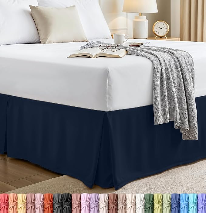 King Bed Skirt, Hides Under-Bed Storage 16 Inch Drop, Pleated, Navy | Easy Fit Design, Shrinkage & Fade Resistant, Hotel Style, Microfiber Durable Fabric, Machine Washable
