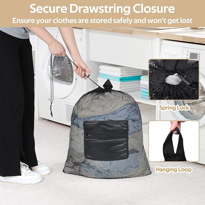 OTraki Laundry Bag Backpack 24x27 Inch Heavy Duty Mesh Laundry Bag Travel Laundry Bags for Dirty with Pocket & Adjustable Shoulder Straps Machine Washable Don't Drying, Melting 140-176℉