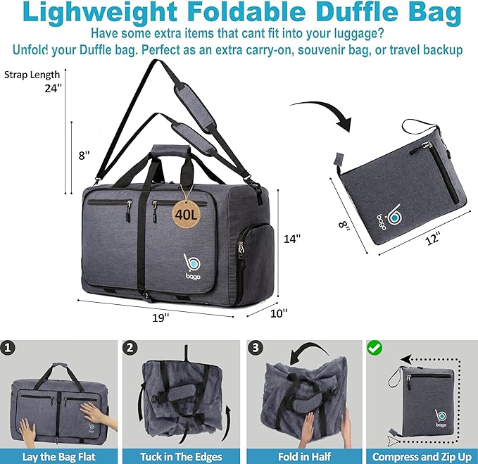 Bago Compact Duffle Bag for Travel Women & Men. Durable Lightweight Foldable Travel Duffel Bags For Traveling Women. 40L Duffle Bags a Reliable Weekender duffel or Overnight Bag With Shoe Compartment