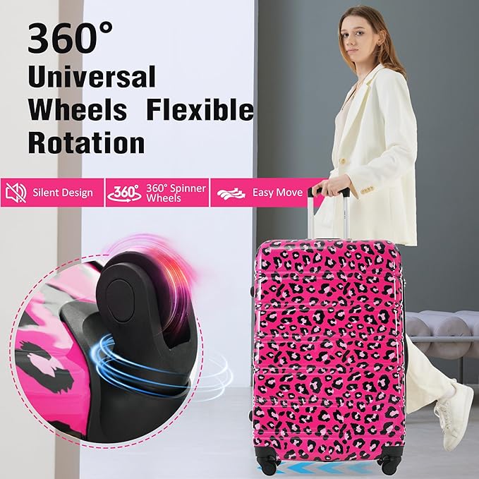 Merax Luggage Sets 3 Piece, Hardside Expandable Suitcase Set with Spinner Wheels, Lightweight Leopard 20+24+28 IN Suitcase with Carry on Luggage, Leopard Hot Pink