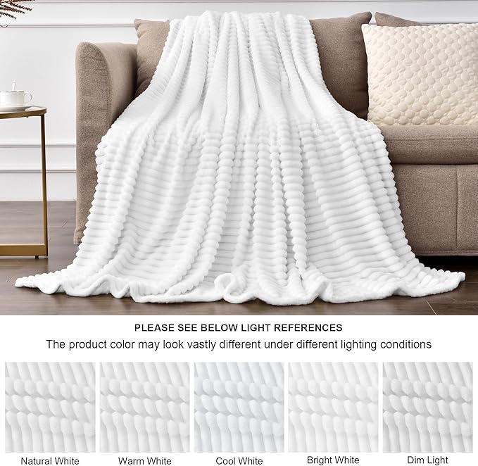 BEDELITE Fleece Blanket Queen Size – 3D Ribbed Jacquard Soft and Warm Decorative Fuzzy Blankets – Cozy, Fluffy, Plush Lightweight Throw Blankets for Couch, Bed, Sofa(White, 90x90 inches)