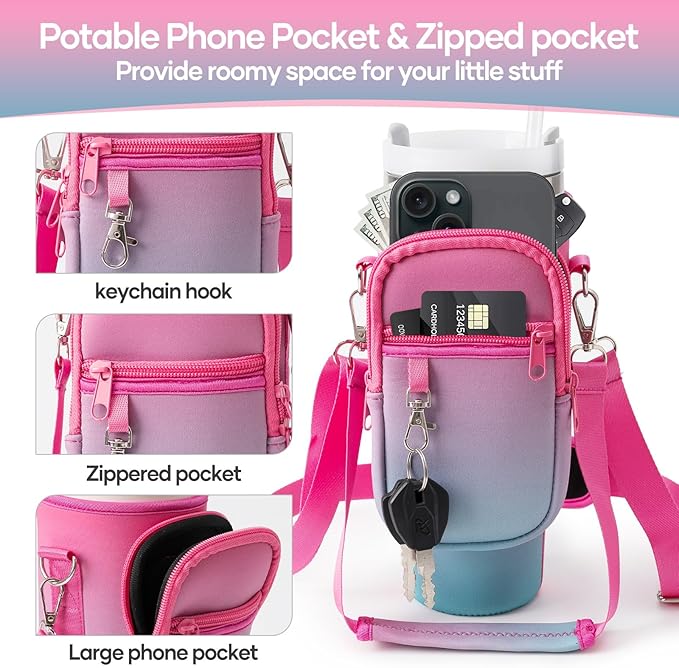 linmaya Water Bottle Carrier Bag for Stanley Cup 40/30oz with Phone Holder Pockets,Neoprene Water Bottle Cross-body Bag with Adjustable Shoulder & Hand Strap Stanley Cup Accessories