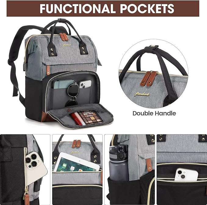 Focdod Laptop Backpack 15.6 Inch Professional Womens Purse Computer Bag Nurse Teacher Backpack Waterproof College Work Bags Carry on Travel Back Pack with USB Port, Black-Grey-Brown