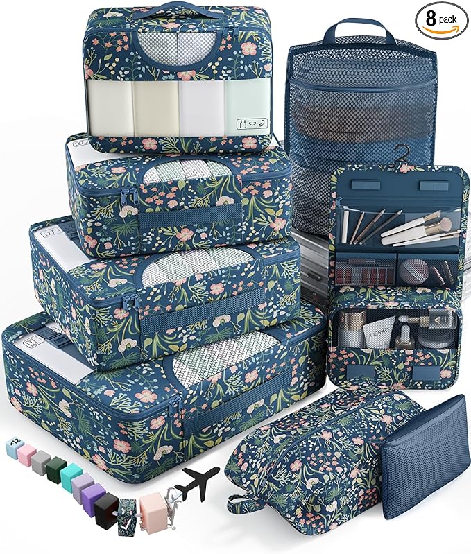 Veken 8 Set Packing Cubes for Travel Essentials, Suitcase Organizer Bags in 4 Sizes, Carry-On Luggage Accessories with Large Laundry & Hanging Toiletry Bag, Must-Have for Airplane, Road Trip & Camping