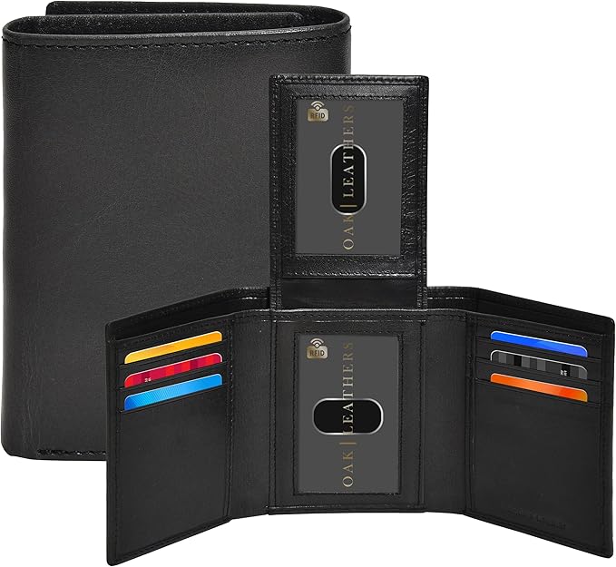 Real Leather Mens Trifold Wallet RFID Blocking Slim Minimalist Front Pocket - Thin & Stylish with ID Window in Gift Box