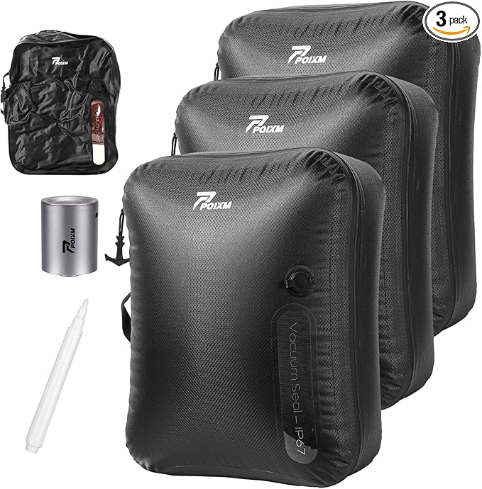 Vacuum Bags for Travel with Wireless Pump, 180° Open Zipper, IP67 Waterproof, Reusable Space Saver Compression Bags for Backpack, Suitcase, Home Storage(3 Pack + Pump)