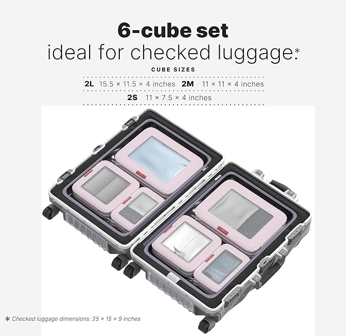 LeanTravel Premium Compression Packing Cubes for Travel - Suitcase Organizer Bags with Double Zipper & Breathable Mesh Panel - Space Saving Carry On Luggage Essentials (6-Pack, Pink Stripes)