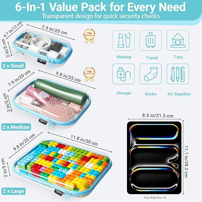 YQBRAO 6 Pack Clear Hard Shell Zipper Case, See-Through Hard Plastic Organizer Pouches with Zipper for Travel, Toiletries, Makeup, Electronics & Pencils - Crush-Resistant Storage (Blue)