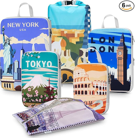 Gonex Compression Packing Cubes, 6pcs Expandable Storage Travel Luggage Bags Organizers with Shoe Bag Laundry Bag, Travel Cubes for Suitcase Carry On (Urban Landscape)
