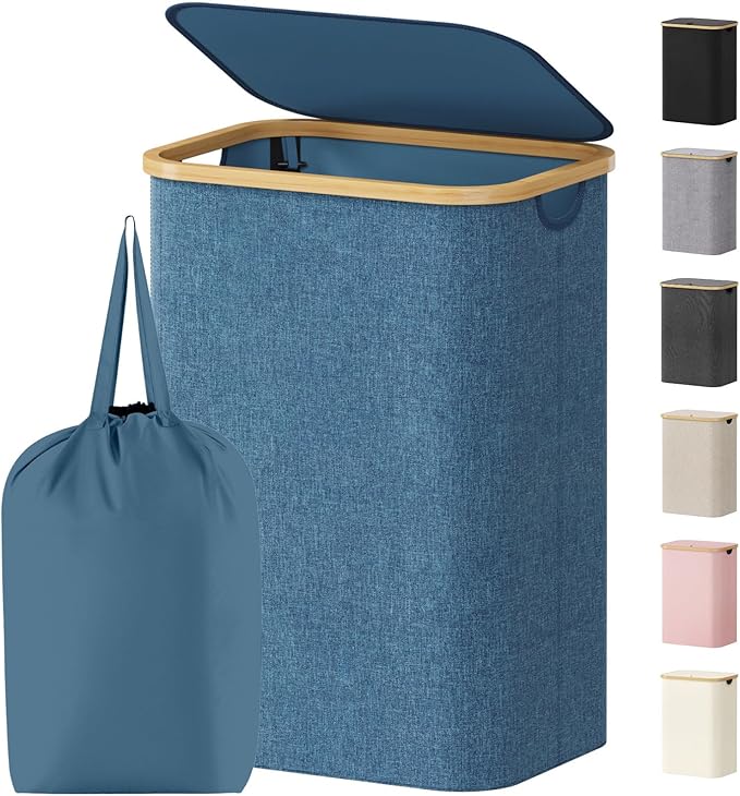 Lifewit 80L Laundry Basket with Lid, Clothes Hampers for Laundry with Bamboo Handles and 1 Removable Bag, Large Foldable Laundry Hamper for Bedroom, Bathroom, Dorm, Laundry Room, Dark Blue