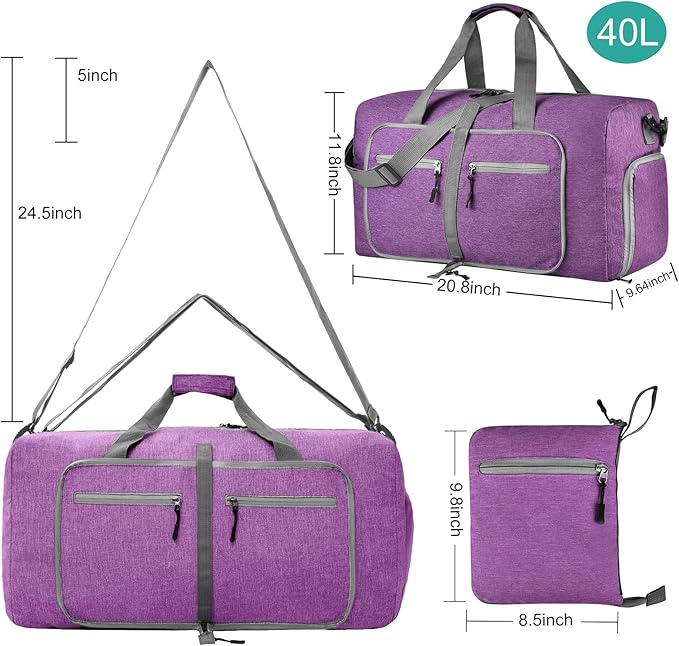 Dimayar 40L Travel Duffle Bag for Men Women - Foldable Duffel Bag with Shoes Compartment - Overnight Bags Waterproof & Tear Resistant(Purple)