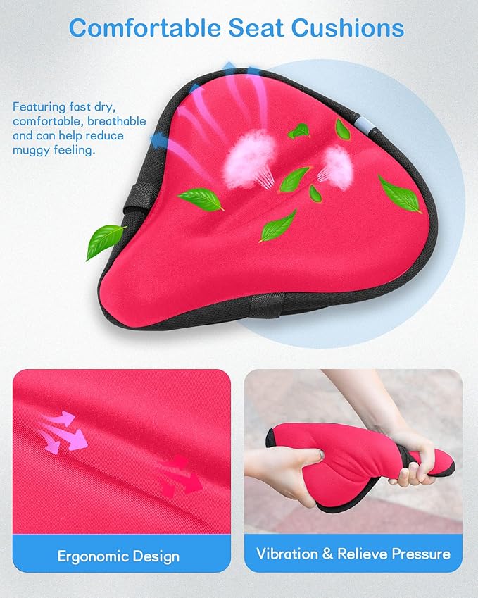 Bike Seat Cushion, Gel Bike Seat Cover, Bicycle Seat Cushion Covers for Women Men Comfort Compatible, Suitable for Outdoor and Indoor (11x10 inch)-Red