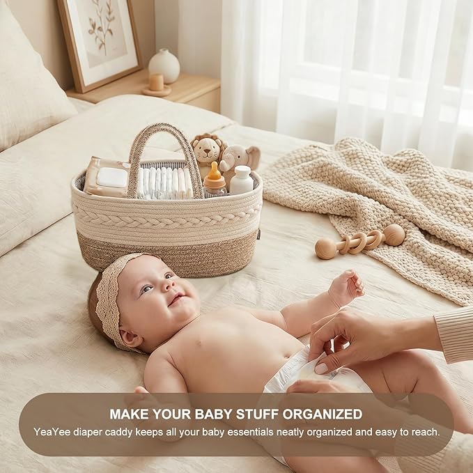 Baby Diaper Caddy Organizer, Portable Nursery Storage Basket with Changeable Compartments, 100% Cotton Woven Rope Baskets, Car & Changing Table Tote, Newborn Gift