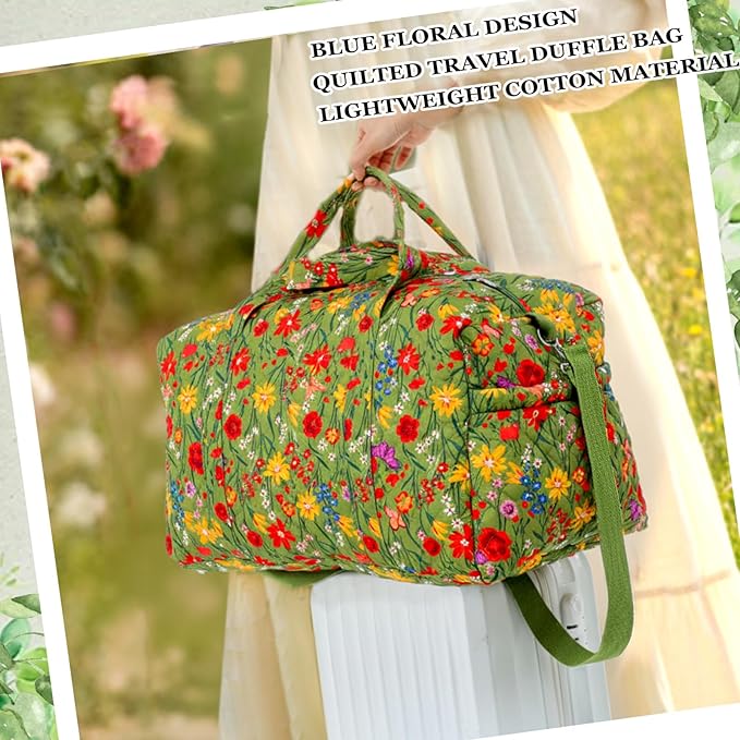 Large Quilted Travel Duffle Bag for Women Floral Portable Gym Weekender Bag with Zipper Pockets Workout Grocery Pouch Duffle Gift Pouch for Work(Yellow Green Grassland)
